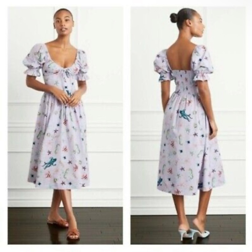 Hill House Sea Creatures Fish Print Puff Sleeve Midi Ophelia Dress - Picture 13 of 14